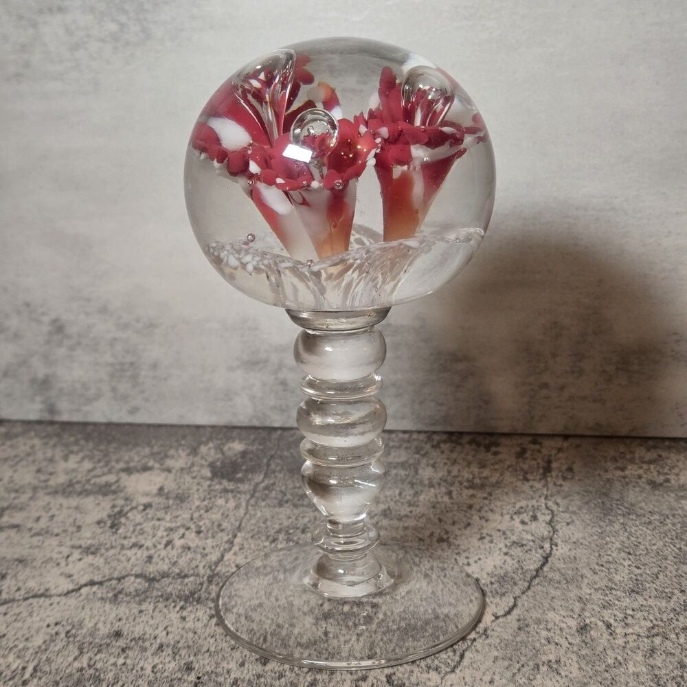 Footed Floral Paperweight on Pedestol 7" Tall  Iris Controlled Bubble Pink Red